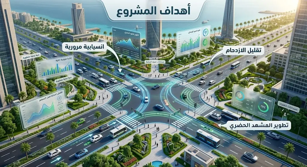 إنفوجرافيك ثلاثي الأبعاد يوضح أهداف مشروع تطوير تقاطعات جدة، مع إبراز انسيابية الحركة المرورية وتطوير المشهد الحضري.