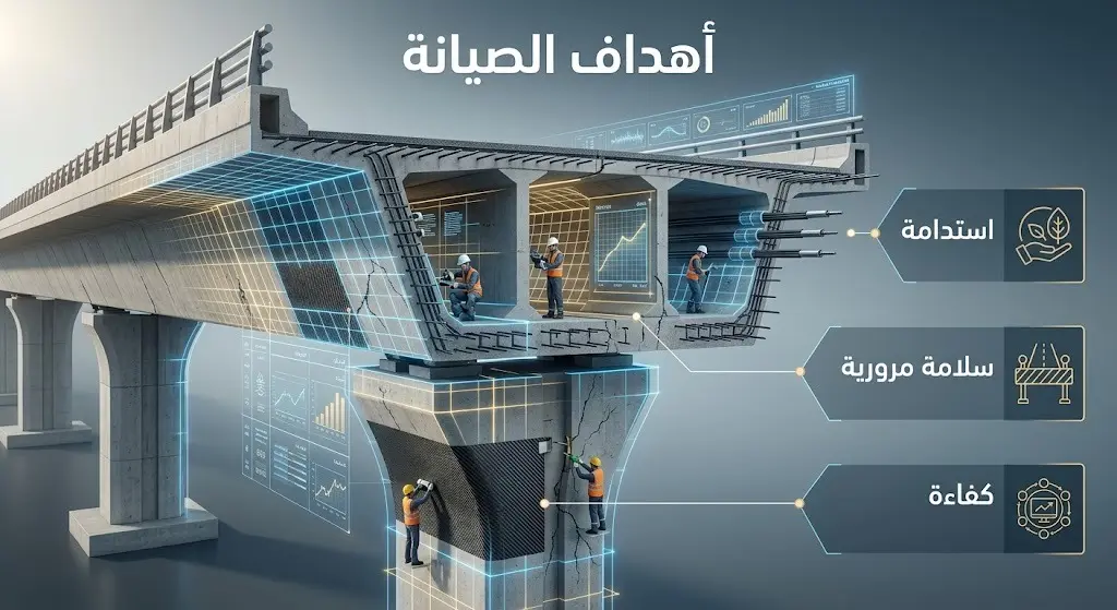 تصميم هندسي يدمج بين الواقعية والتخطيط الشبكي، يوضح أعمال صيانة الجسور وأهدافها الاستراتيجية.