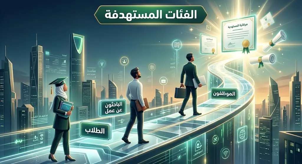 رسم توضيحي عصري يظهر الفئات المستهدفة للمعسكر الصيفي من طلاب وباحثين عن عمل وموظفين في مسار نحو التطور المهني المستقبلي.