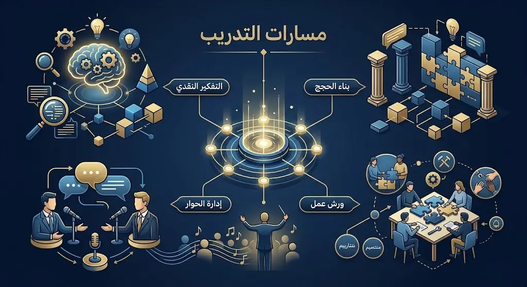 إنفوجرافيك إبداعي يستعرض أهداف معسكر المناظرات ومساراته التدريبية المتنوعة كالتفكير النقدي وبناء الحجج وإدارة الحوار.
