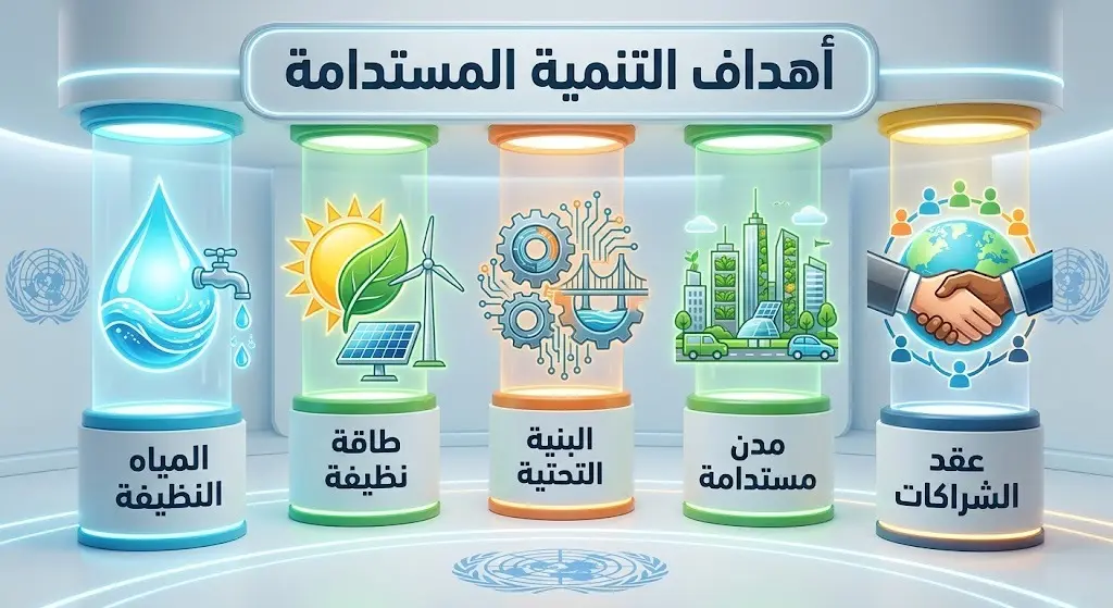 تصميم بصري ثلاثي الأبعاد يستعرض أهداف التنمية المستدامة الخمسة الرئيسية التي يركز عليها المنتدى.