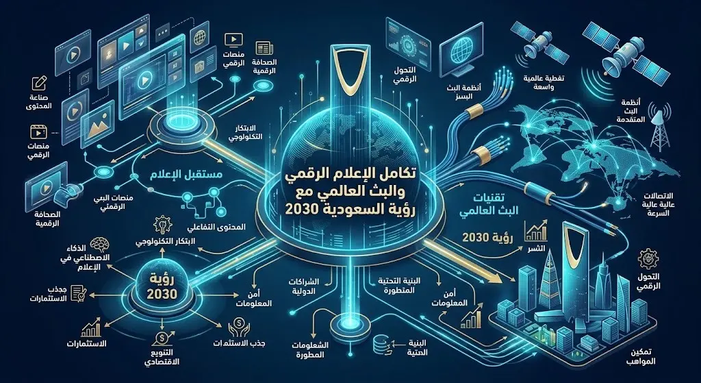 رسم تعبيري مبتكر يربط بين تطور قطاع الإعلام في السعودية ومستهدفات رؤية 2030 نحو الابتكار والريادة.
