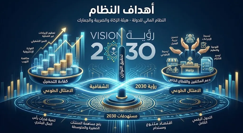 إنفوجرافيك يوضح أهداف نظام إيرادات الدولة المحدث في تحسين كفاءة التحصيل والامتثال وتطبيق الشفافية