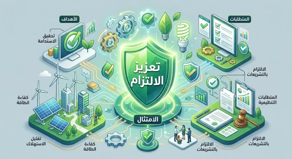 إنفوجرافيك يوضح أهداف ورشة عمل كفاءة الطاقة والمتطلبات التنظيمية لرفع مستوى الامتثال.