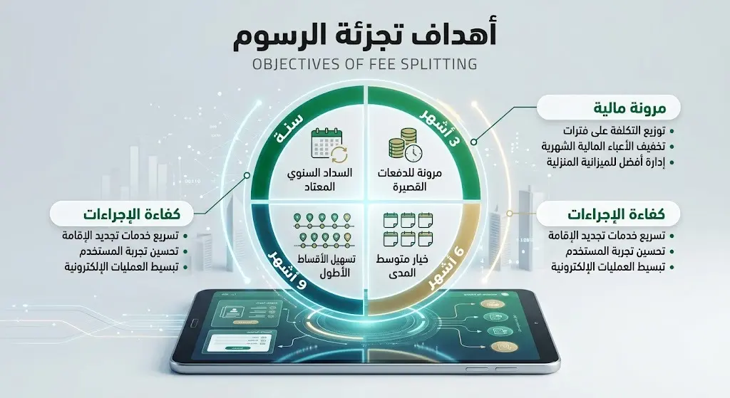 إنفوجرافيك ثلاثي الأبعاد يعرض أهداف ومرونة تجزئة رسوم إقامة العمالة المنزلية والمدد المتاحة