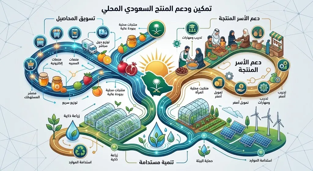 إنفوجرافيك عصري يوضح الأهداف الاستراتيجية لتمكين المزارعين والأسر المنتجة وتسويق المحاصيل الموسمية.
