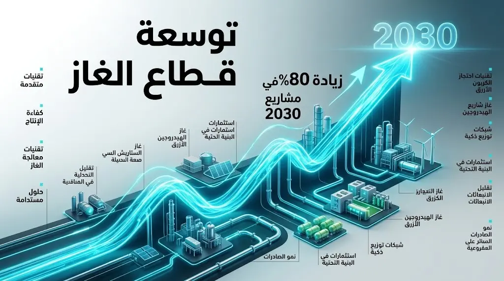 تصميم بياني مستقبلي يوضح خطط أرامكو لتوسعة قطاع الغاز والوصول إلى أهداف عام 2030.