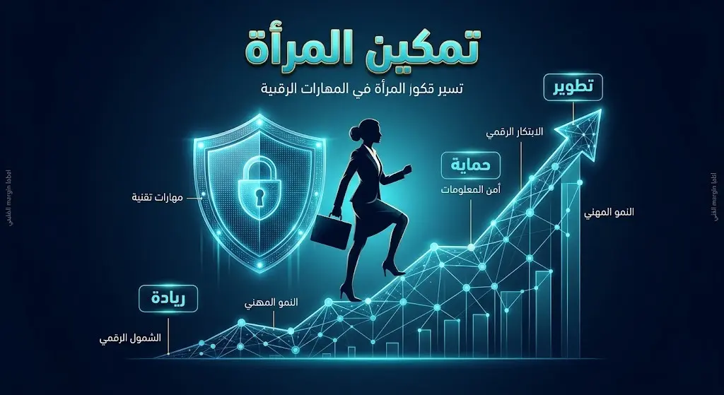 تصميم إنفوجرافيك يوضح أهداف قرار تمكين المرأة في الأمن السيبراني وتطوير مهاراتها المهنية لتعزيز المرونة السيبرانية.