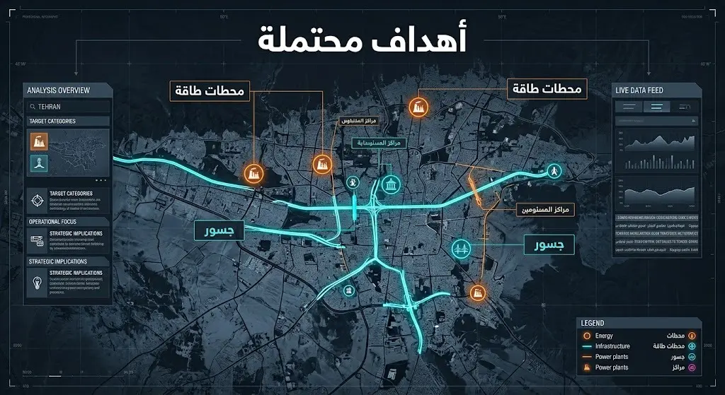 إنفوجرافيك يستعرض الأهداف الإيرانية المحتملة للرد العسكري الأمريكي ومنها محطات الطاقة والجسور في طهران