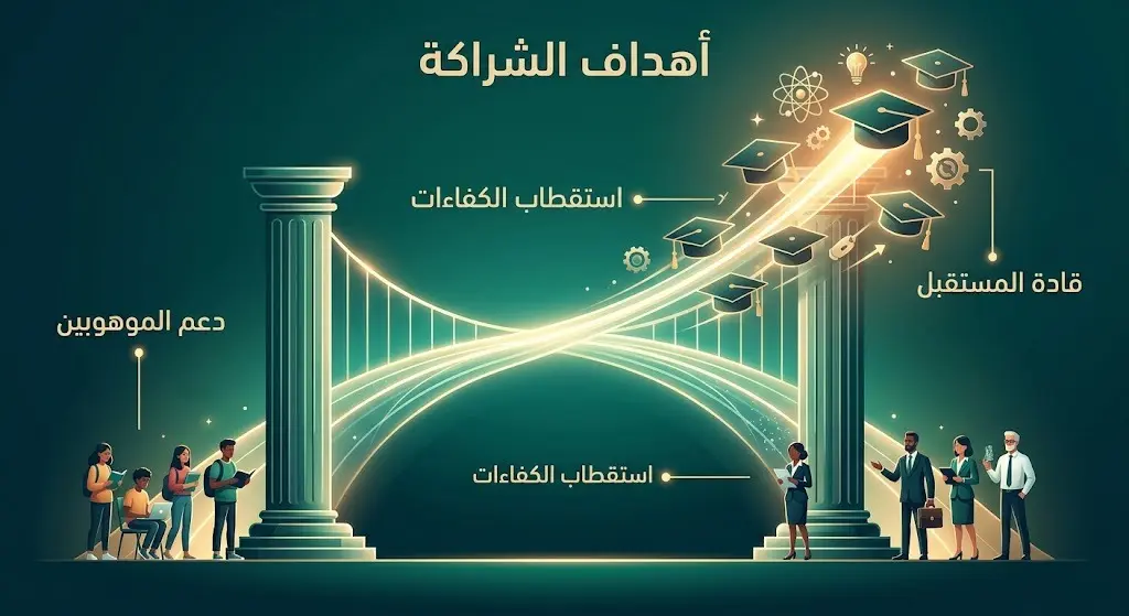 تصميم إبداعي يعبر عن أهداف مذكرة التفاهم بين موهبة وجامعة المملكة، مبرزاً أهداف تمكين الموهوبين، استقطاب الكفاءات، وبناء قادة المستقبل.