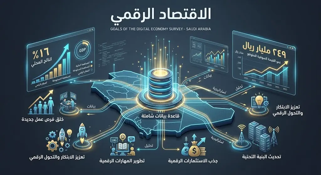 إنفوجرافيك عصري يوضح أهداف مسح الاقتصاد الرقمي في المملكة العربية السعودية وأبرز إحصاءاته ومساهمته في الناتج المحلي.