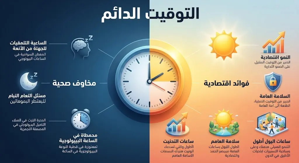 تصميم يوازن بين الفوائد الاقتصادية لتثبيت التوقيت الصيفي والمخاوف الصحية المتعلقة باضطراب الساعة البيولوجية.