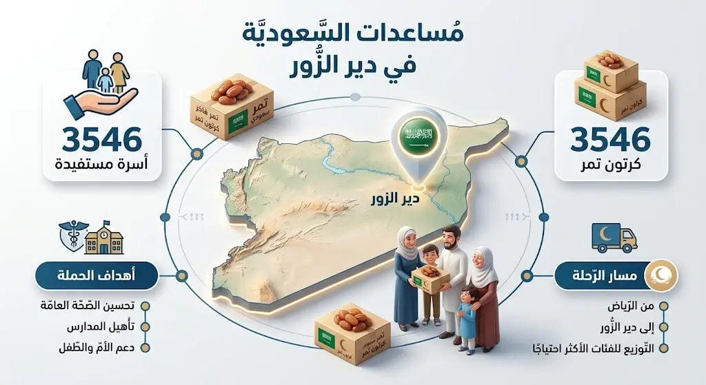 تصميم إنفوجرافيك يوضح توزيع 3546 كرتون تمر على الأسر المتضررة في دير الزور ضمن مشروع المساعدات السعودية.