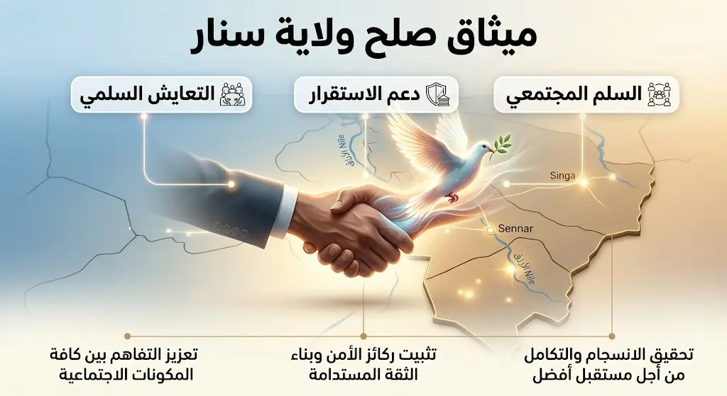 إنفوجرافيك تعبيري يوضح أهداف ميثاق صلح ولاية سنار التي تشمل التعايش السلمي ودعم الاستقرار والسلم المجتمعي.