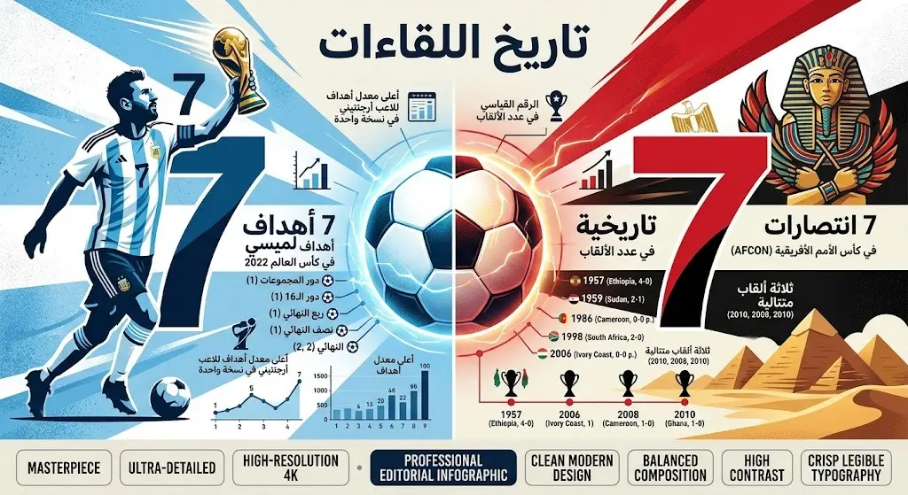 تصميم مقارنة بصري يستعرض تاريخ لقاءات مصر والأرجنتين السبعة وأهداف ميسي السبعة في البطولة.