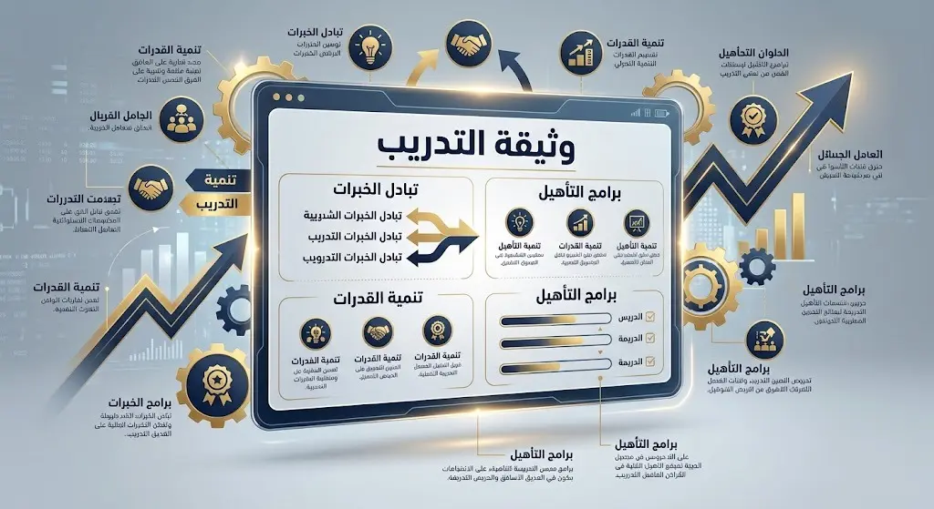 تصميم مرئي يستعرض الأهداف الرئيسية لوثيقة التدريب الشاملة، كتبادل الخبرات وتنمية القدرات.