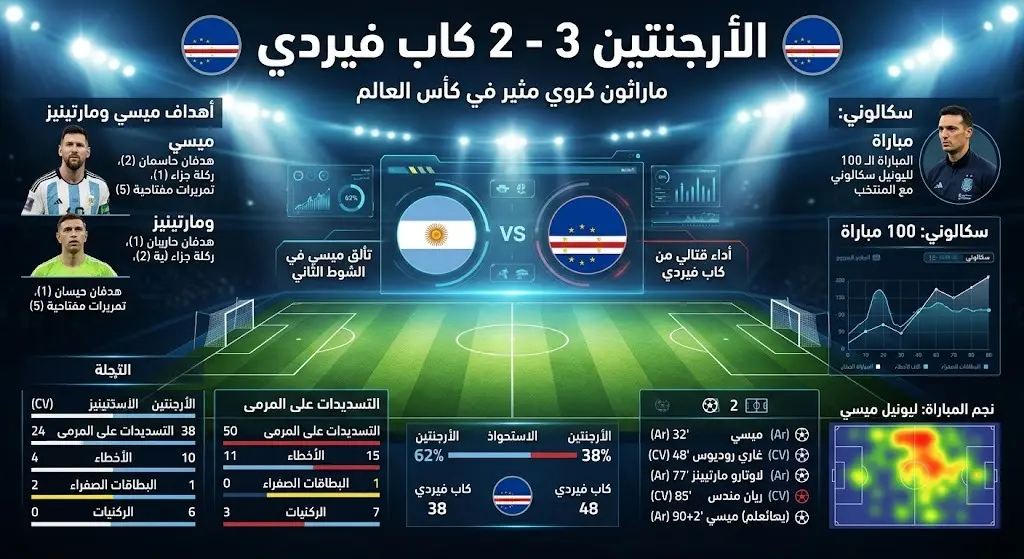 إنفوجرافيك رياضي يلخص مجريات وأهداف مباراة الأرجنتين وكاب فيردي التي انتهت بفوز الأرجنتين 3-2.
