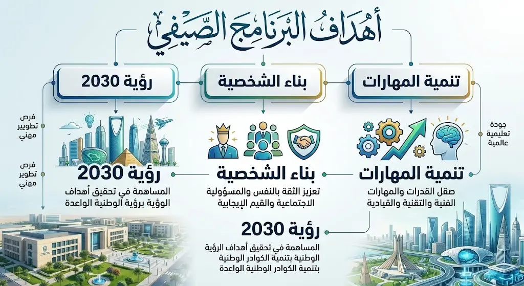 إنفوجرافيك احترافي يستعرض أهداف ومسارات البرنامج الصيفي لجامعة حائل برؤية بصرية عصرية تواكب رؤية 2030.