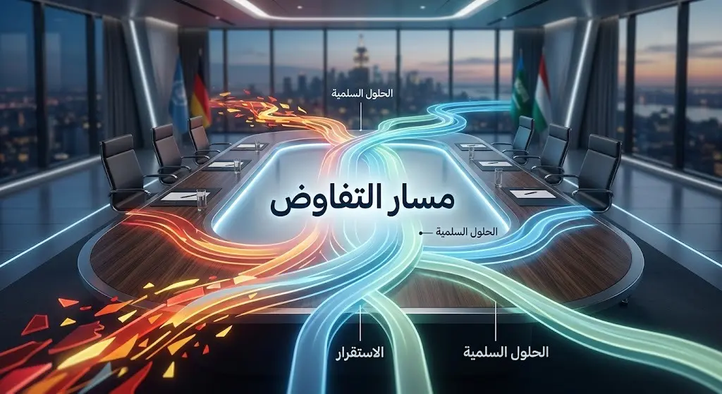 مشهد تعبيري يجسد مسار التفاوض من خلال مسارات مضيئة تتجه نحو الاستقرار والحلول السلمية، مع نصوص عربية واضحة تعزز فكرة الحوار.