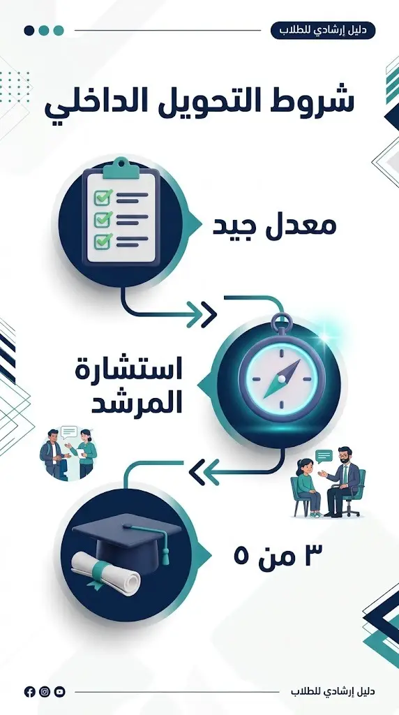 إنفوجرافيك احترافي يستعرض شروط التحويل الداخلي بين التخصصات الجامعية وأهمية الإرشاد الأكاديمي