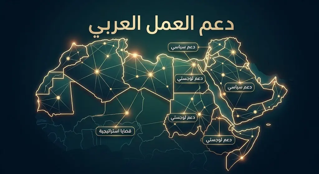 تصميم بصري يعبر عن شبكة الدعم الدبلوماسي وأهمية العمل العربي المشترك والقضايا الاستراتيجية.