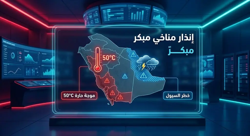 لوحة تحكم رقمية لإنذارات المناخ المبكرة تعرض خريطة السعودية مع تنبيهات بموجات حر تلامس 50 درجة ومخاطر سيول.