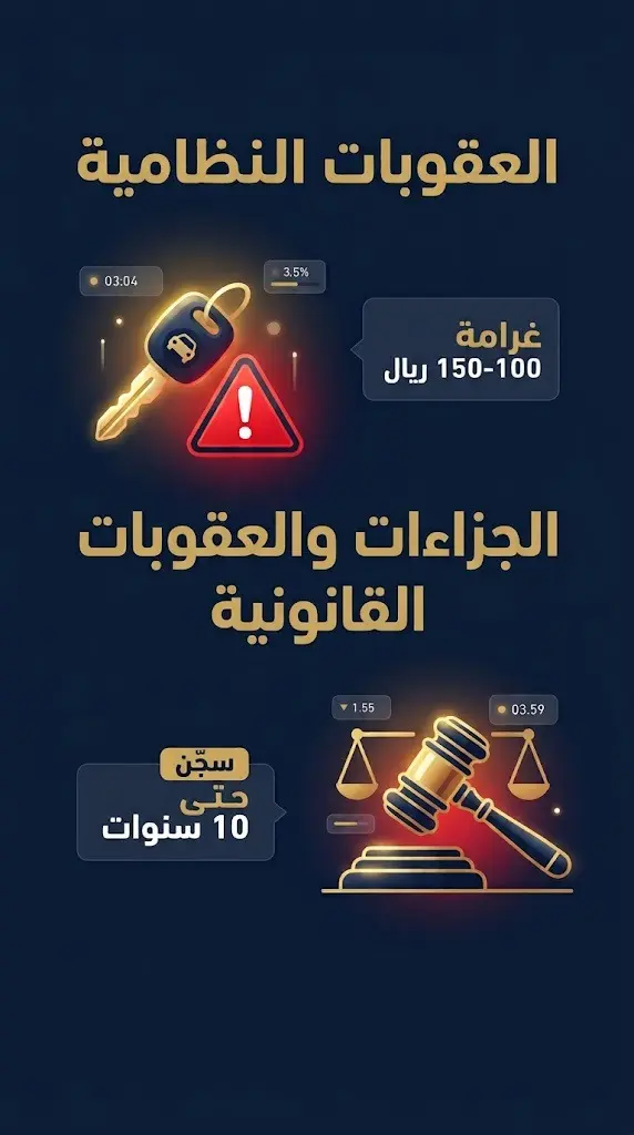 إنفوجرافيك يستعرض العقوبات النظامية لترك المركبة في وضع التشغيل، وعقوبة الشروع في القتل التي تصل للسجن 10 سنوات.