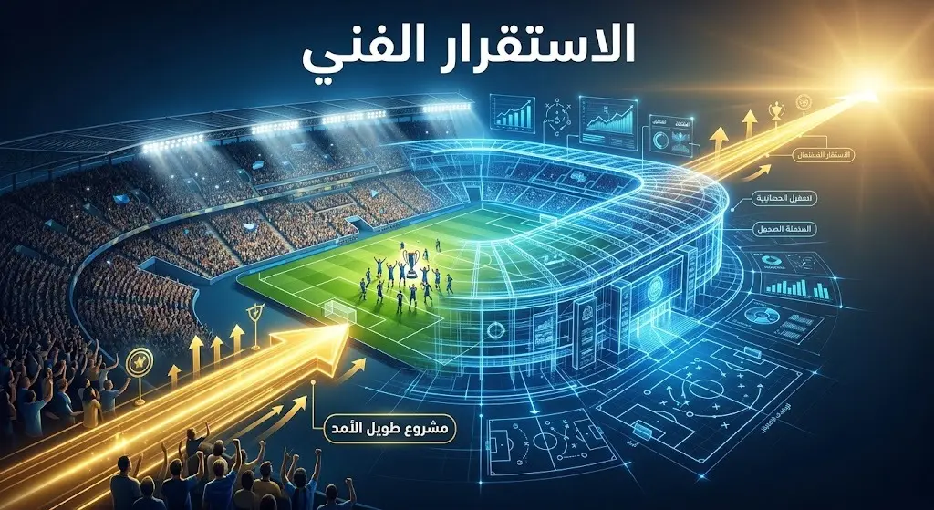 تصميم تعبيري يبرز أهمية التخطيط الاستراتيجي والاستقرار الفني في بناء مستقبل المنتخبات الكروية.