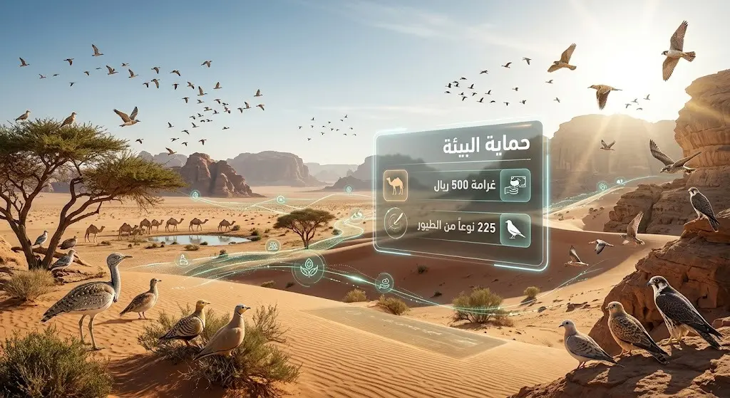 تصميم يجمع بين الطبيعة والمعلومات يبرز أهمية حماية محمية الملك عبدالعزيز من الرعي الجائر وتأثير ذلك على ازدهار الحياة الفطرية.