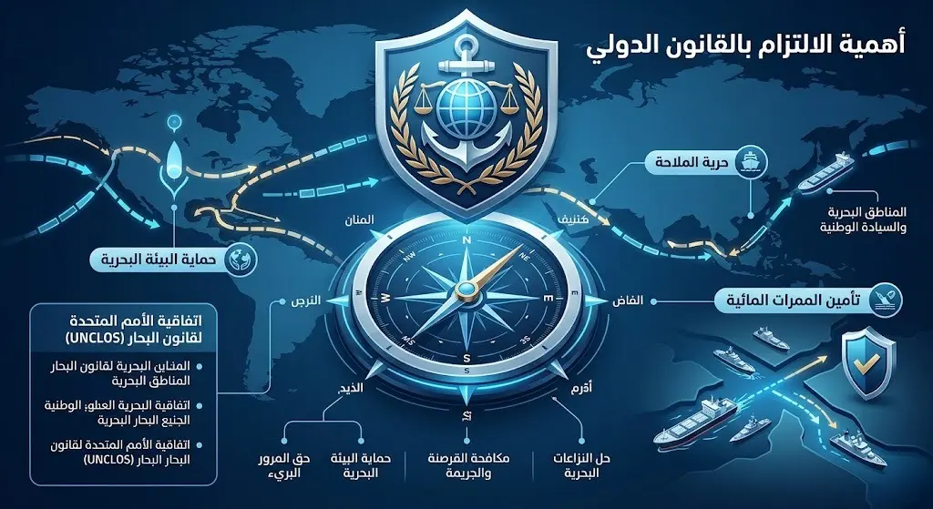 تصميم بصرية إنفوجرافيك يستعرض أهمية اتفاقية الأمم المتحدة لقانون البحار (UNCLOS) وحماية الممرات المائية الدولية.