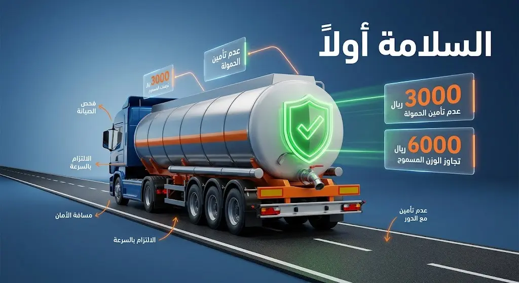 إنفوجرافيك ثلاثي الأبعاد يوضح أهمية التأكد من إغلاق صمامات صهاريج النقل بإحكام للوقاية من الانزلاقات، مع إبراز قيمة الغرامات المرورية المقررة.