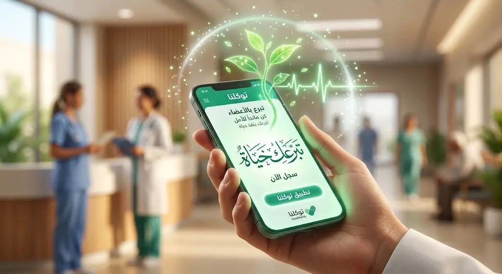تصميم تعبيري يظهر هاتفاً ذكياً بواجهة صحية مضيئة محاطاً برموز الأمل والحياة لتشجيع التبرع