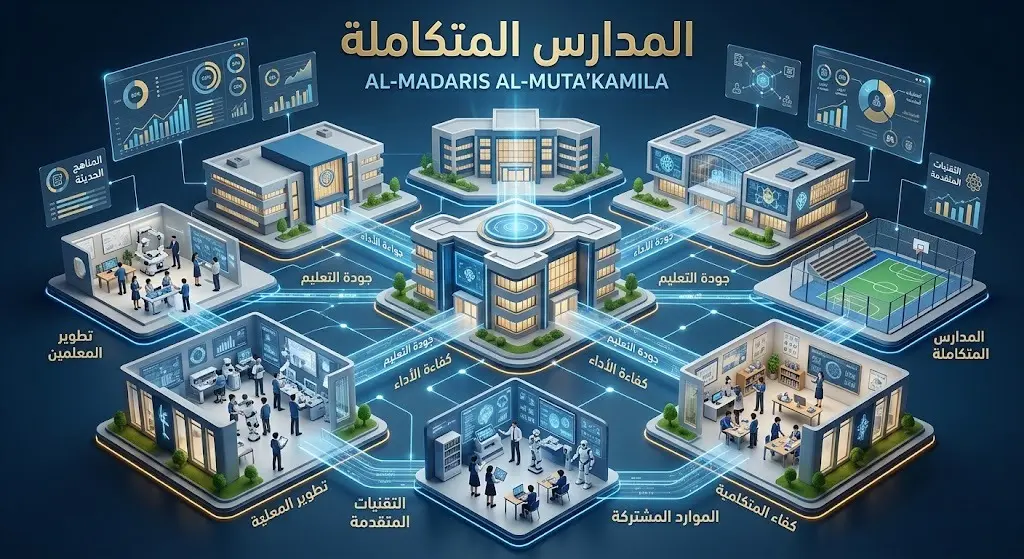 رسم تعبيري يوضح مفهوم المدارس المتكاملة وترابطها لرفع كفاءة الأداء المدرسي