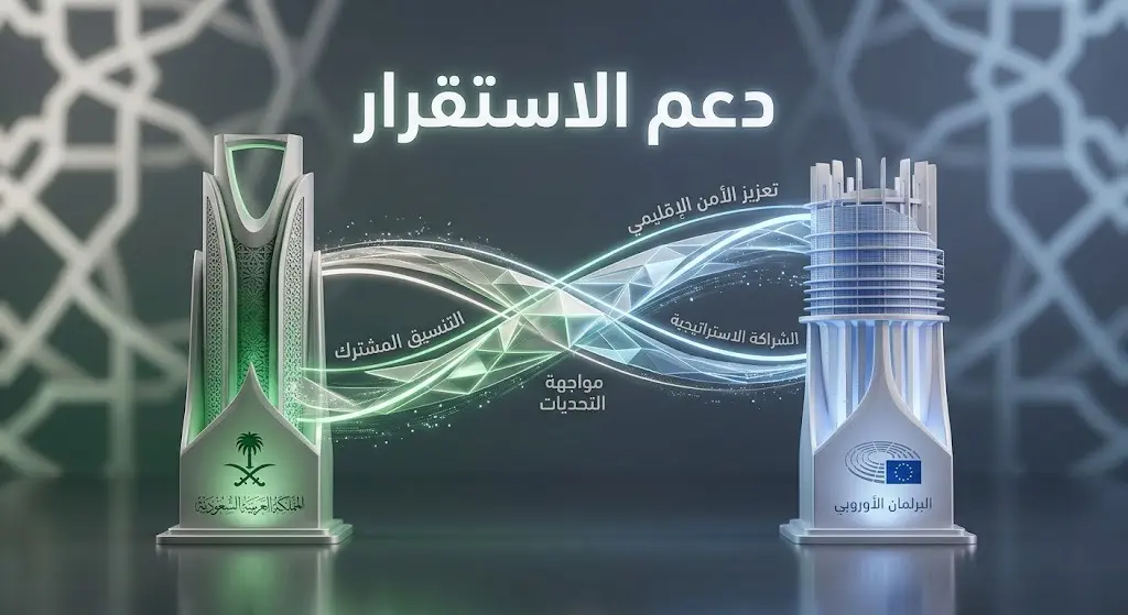 رسم تعبيري يجسد أهمية التنسيق الإستراتيجي بين السعودية والبرلمان الأوروبي لترسيخ أسس الاستقرار الإقليمي والدولي.