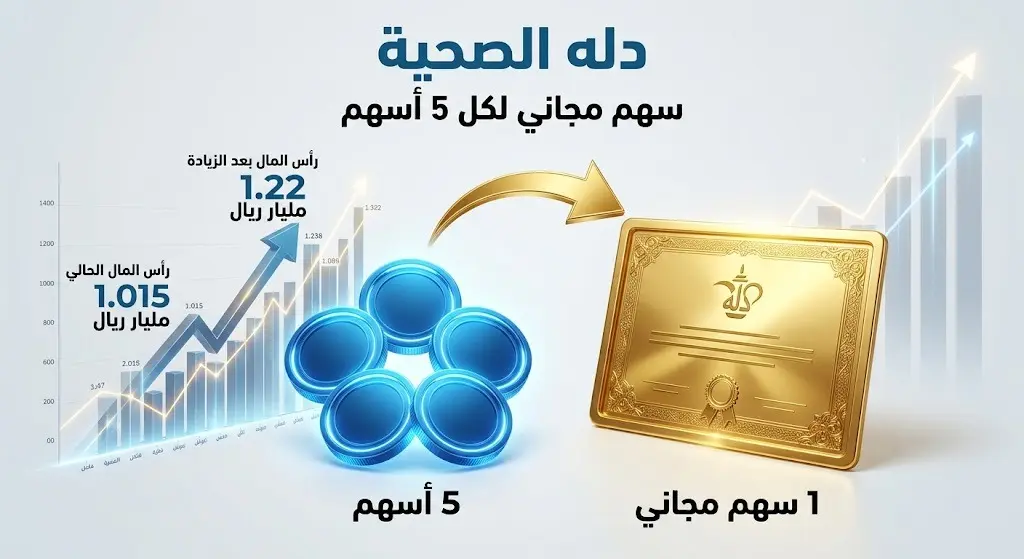 تصميم إنفوجرافيك يوضح آلية منح سهم مجاني لكل 5 أسهم لمساهمي شركة دله الصحية لرفع رأس مالها.