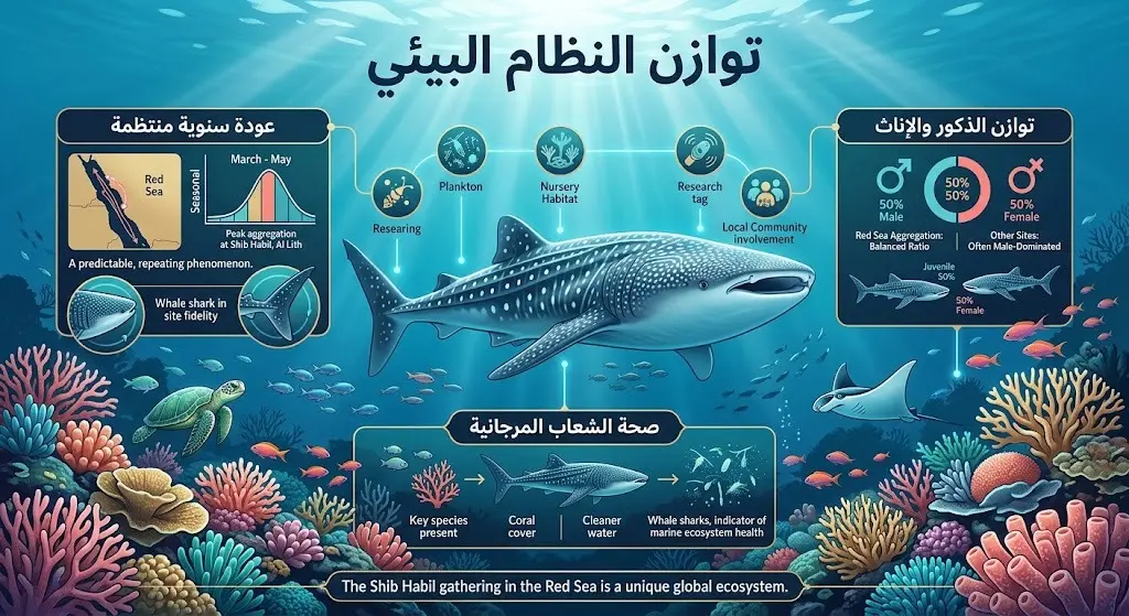 رسم تعبيري وبياني يبرز دور أسماك القرش في توازن النظام البيئي البحري وصحة الشعاب المرجانية.