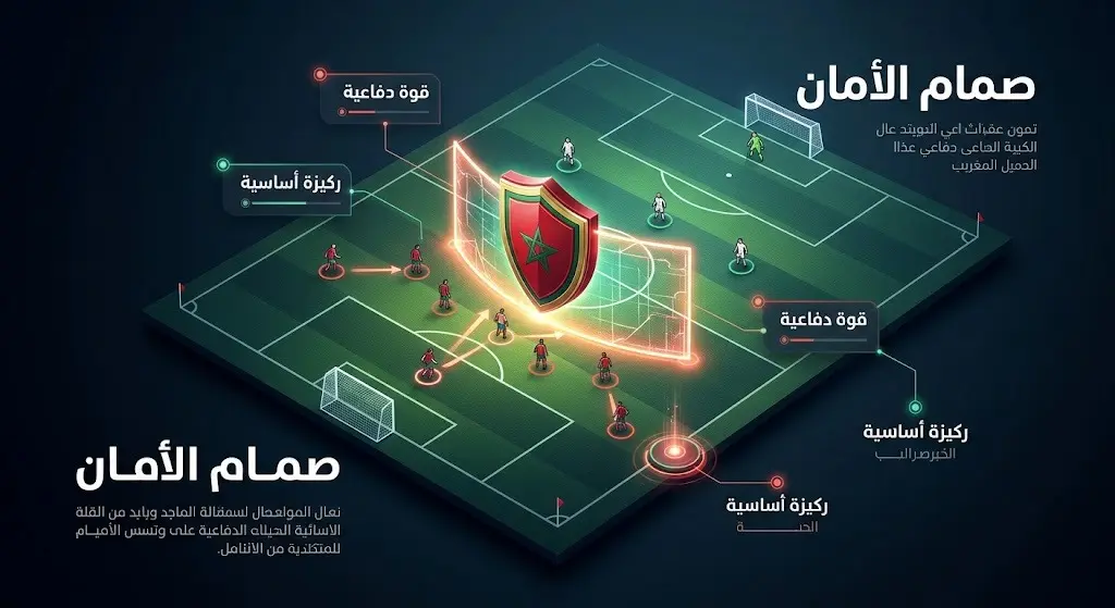 تصميم تكتيكي يبرز أهمية المدافع شادي رياض كدرع حماية وقوة رئيسية في الخط الخلفي للمنتخب المغربي