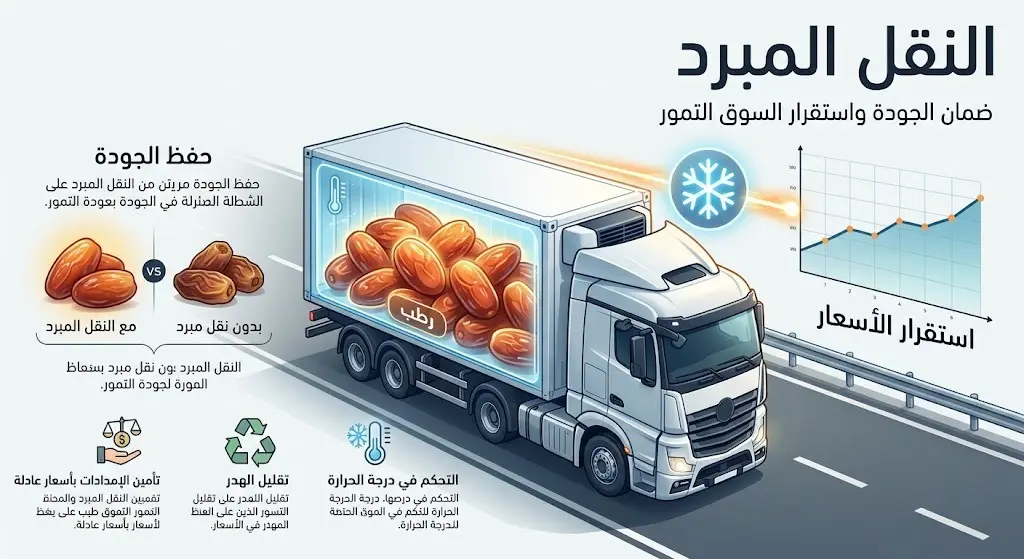 إنفوجرافيك يوضح دور النقل المبرد في الحفاظ على جودة الرطب واستقرار أسعاره في الأسواق.