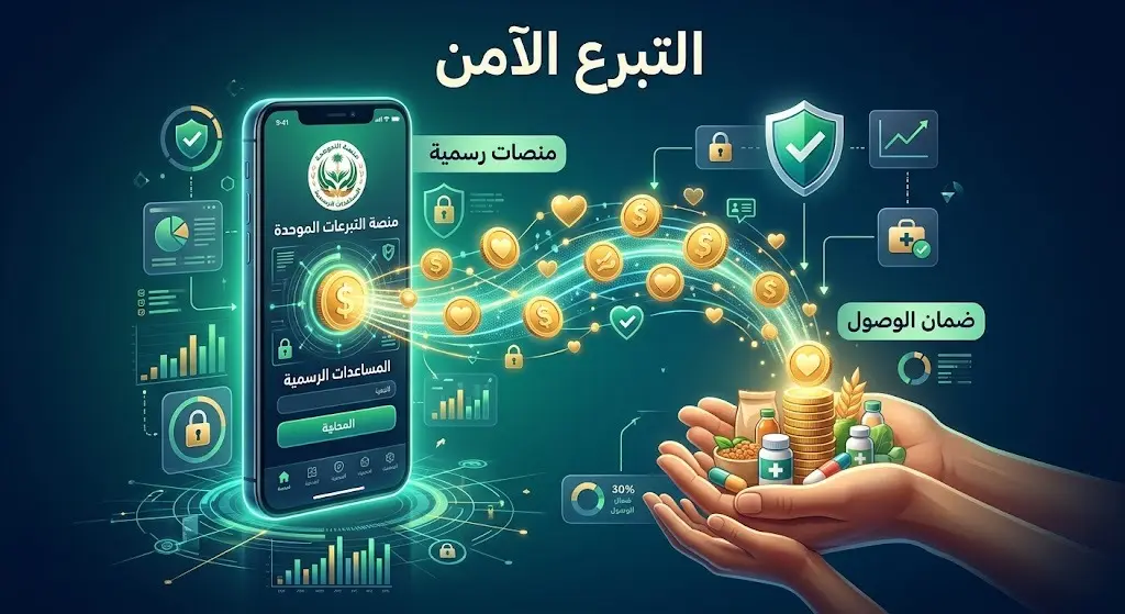تصميم بصري يبرز أهمية التبرع عبر المنصات الحكومية الرقمية المعتمدة لضمان وصول الأموال لمستحقيها.