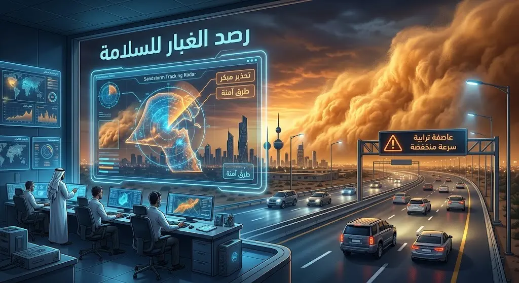 تصميم إبداعي يدمج بين شاشات الرصد الجوي المتقدمة ومشهد لطريق آمن أثناء اقتراب عاصفة رملية، تعبيراً عن أهمية الإنذار المبكر للسلامة.