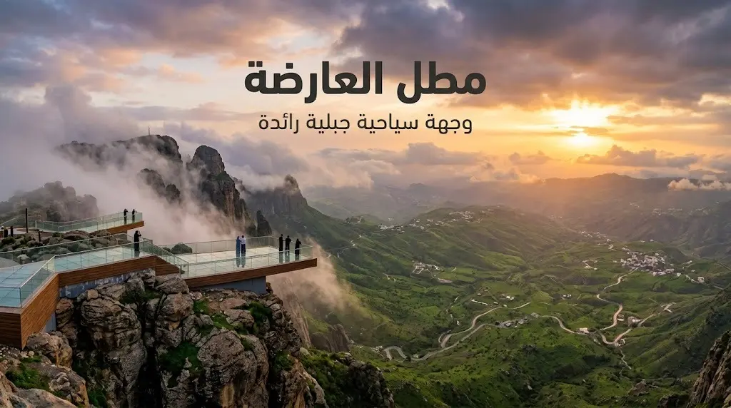 مشهد بانورامي خلاب لمطل العارضة في جازان يبرز جمال التضاريس الجبلية والمرافق السياحية أثناء الغروب.
