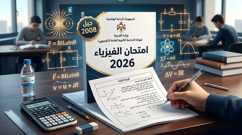 تصميم فني يبرز أوراق أسئلة امتحان الفيزياء لطلبة الثانوية العامة جيل 2008 محاطة برموز ومعادلات فيزيائية مضيئة.