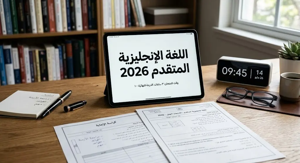 صورة احترافية لأوراق امتحان اللغة الإنجليزية المتقدم وجهاز لوحي يعرض عنوان الاختبار