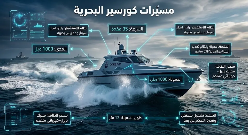 إنفوجرافيك احترافي يستعرض القدرات الهجومية والمواصفات الفنية للزوارق المسيّرة من طراز كورسير.