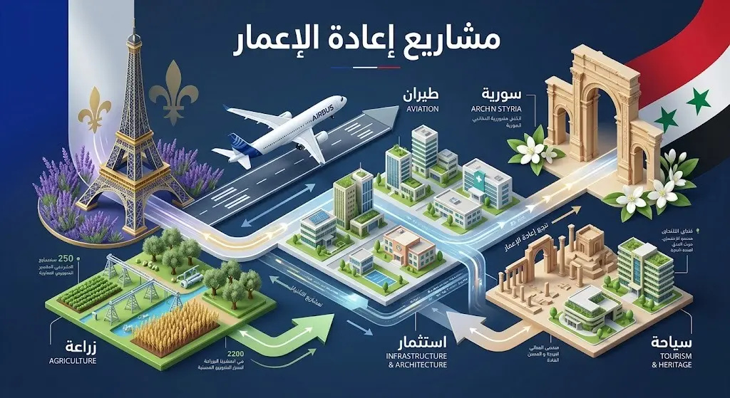 تصميم بصري يجسد قطاعات الاستثمار وإعادة الإعمار في سوريا كالطيران والزراعة والسياحة.
