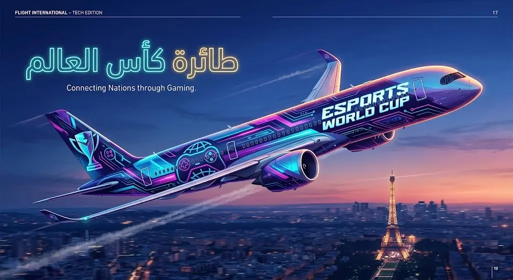 طائرة ركاب تجارية مزينة بشعار وهوية كأس العالم للرياضات الإلكترونية تحلق في سماء باريس وقت الغروب.