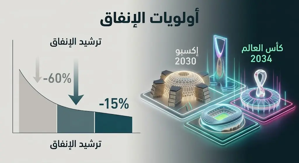 رسم بياني تعبيري يوضح توجه صندوق الاستثمارات لترشيد الإنفاق العام مع توجيه الأولوية القصوى لتمويل مشاريع إكسبو 2030 وكأس العالم 2034.