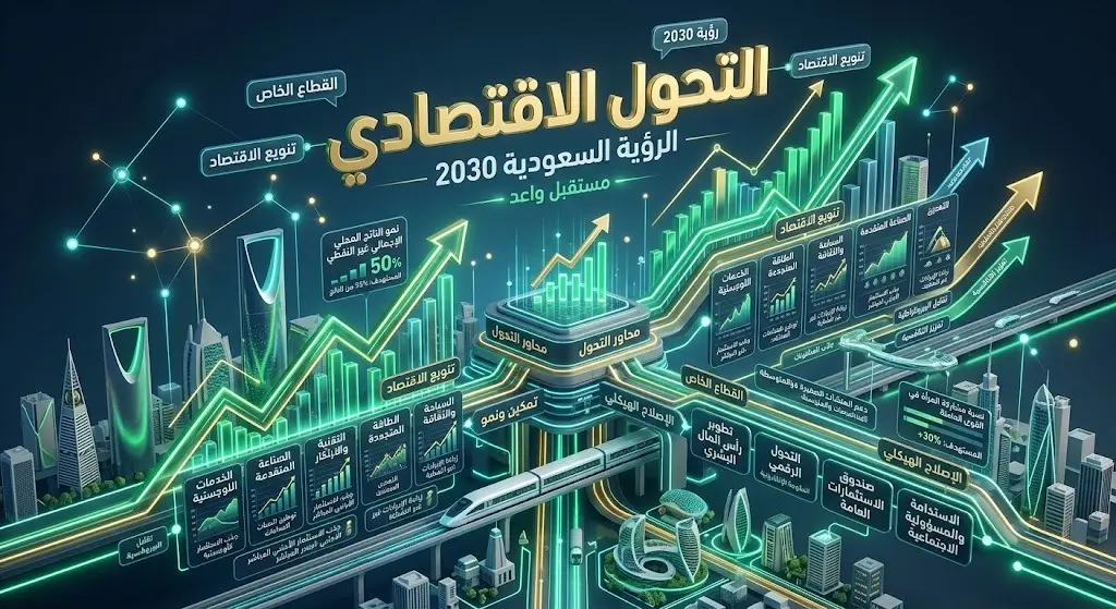 إنفوجرافيك ثلاثي الأبعاد يعبر عن التحول الاقتصادي والإصلاحات الهيكلية في السعودية ضمن رؤية 2030