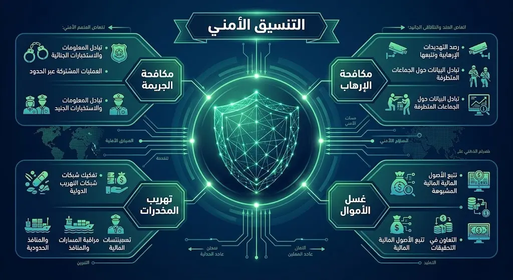 إنفوجرافيك احترافي يوضح مجالات التنسيق الأمني المشترك، متضمناً مكافحة الإرهاب والمخدرات وغسل الأموال.