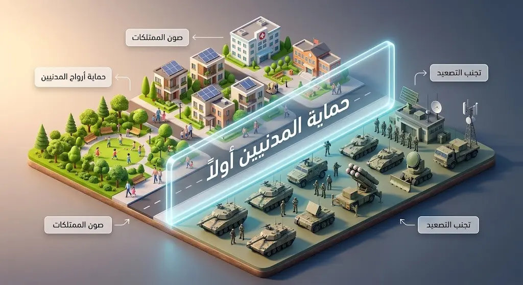 تصميم تعبيري يبرز التوازن بين الاستعداد العسكري لحماية السيادة وأولوية تجنيب المدنيين مخاطر التصعيد.